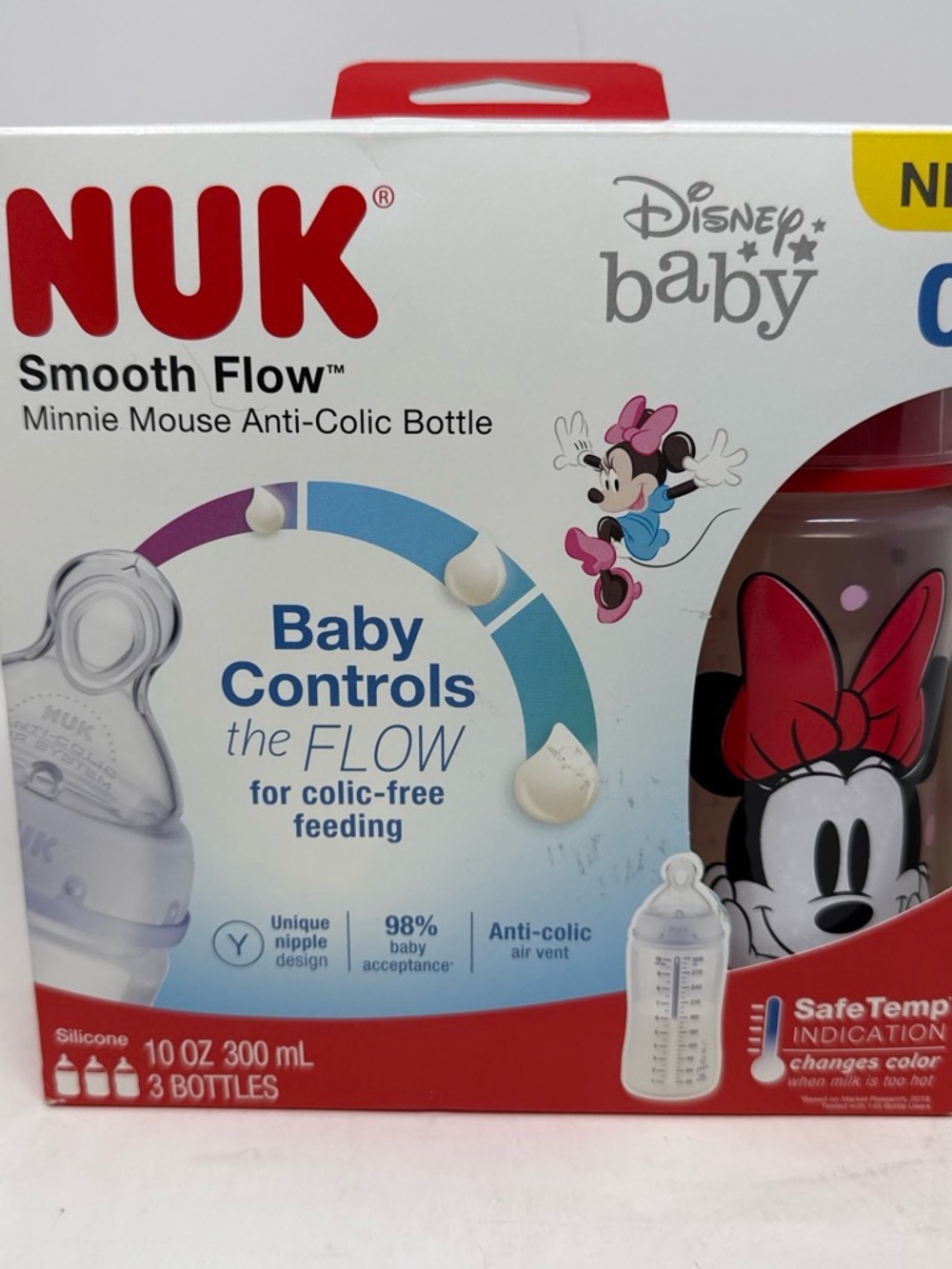 New NUK Smooth Flow Disney Bottle Minnie Mouse 10 Oz 3 Pack Safe Temp Indicator